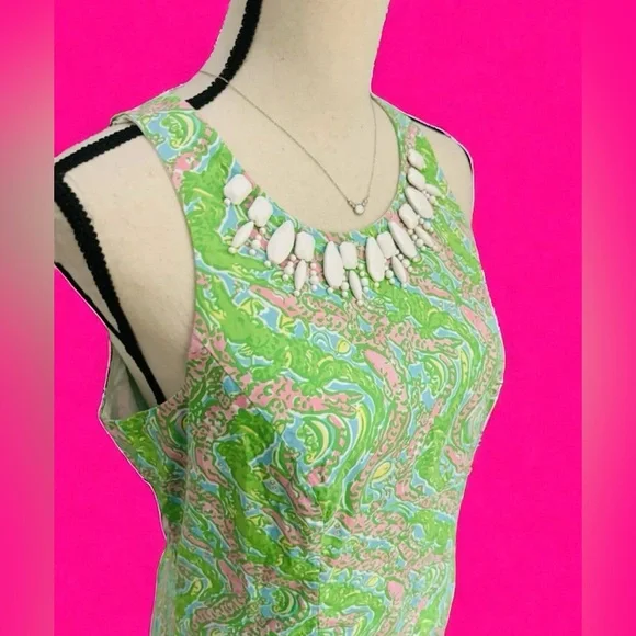 Lilly Pulitzer Pearl Shift Dress Chomp Chomp Alligator Print Green Pink Size 8 - Picture 3 of 6